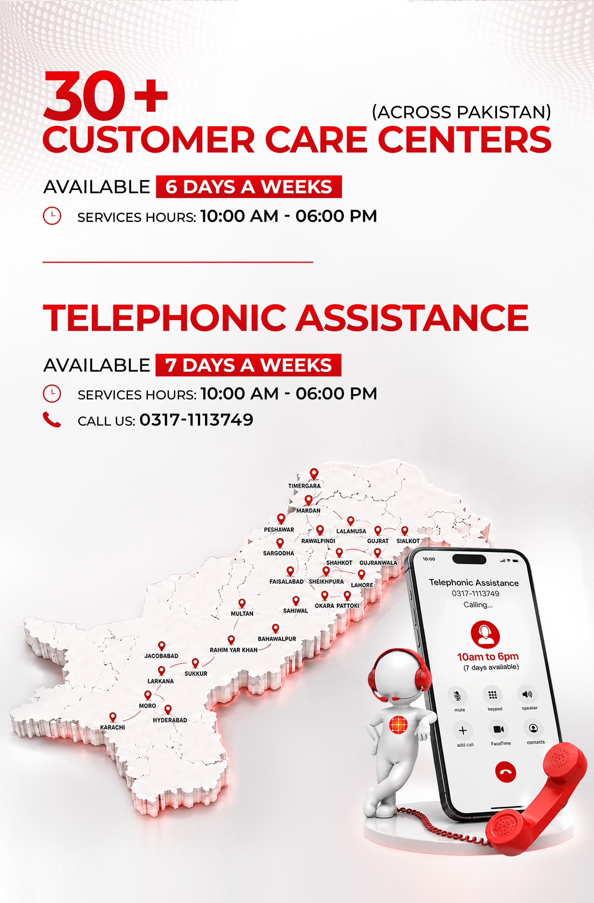 30+ customer care centers across Pakistan and telephonic assistance
